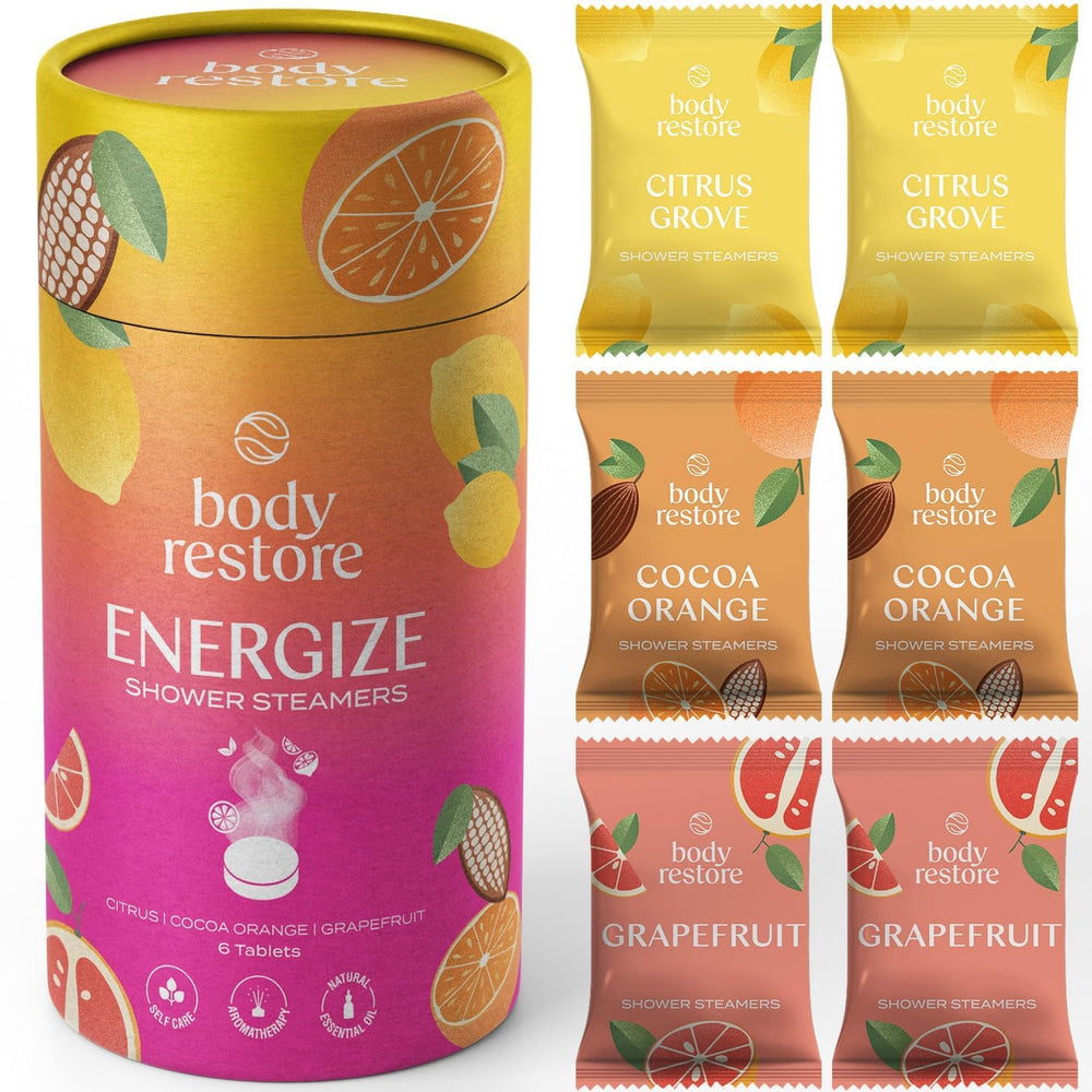 Body Restore Citrus Shower Steamer 6-pack releasing bright citrus aroma for relaxation