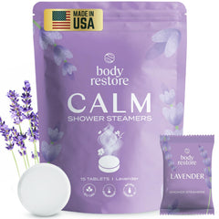 Body Restore Lavender shower steamers packaging ideal stocking stuffer and gift.
