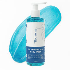 Bodywise Be Body Wash bottle featuring 1% salicylic acid beads for spa-like cleansing.