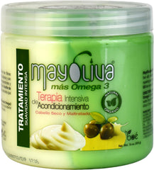 BOÉ COSMETICS BOE Mayoliva Omega3 intensive bottle demonstrates deep conditioning for dry, damaged hair.