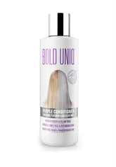 BOLD UNIQ Purple Conditioner bottle-front view reduces brass for blonde, platinum, and silver hair.