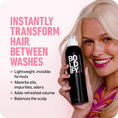 Boldify Dry Shampoo Spray being applied to hair for instant lift between washes