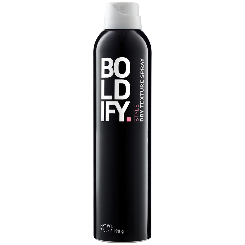 Boldify Dry Texture Spray bottle closeup with instant volume and a matte finish.