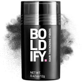 Boldify Hair Fibers 12g packaging shows compact bottle for on-the-go root touch-ups.