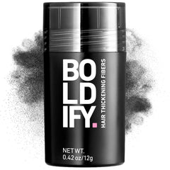 Boldify Hair Fibers 12g packaging shows compact bottle for on-the-go root touch-ups.
