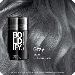 Boldify Hair Fibers application shows shake-over area for instant fullness