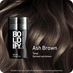 Boldify Hair Fibers ash-brown-shade-application demonstrates root color match for natural look.