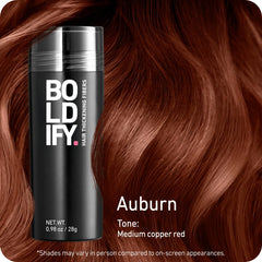 Boldify Hair Fibers Auburn closeup finish blends invisibly with natural roots.