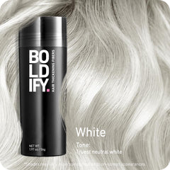 Boldify Hair Fibers color-match 14-shade palette shows natural root-to-end color options.