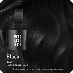 Boldify Hairline Powder container with brush demonstrates all-day stain-proof coverage.