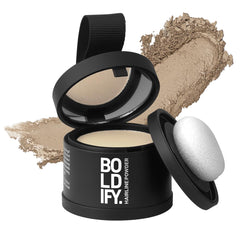 Boldify Hairline Powder application close-up shows precise root touch-up.