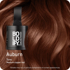 Boldify Hairline Powder Auburn shade on hairline provides natural-looking gray coverage