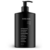 Boldly Basic fragrance free lotion bottle demonstrates convenient pump for daily, non-greasy hydration