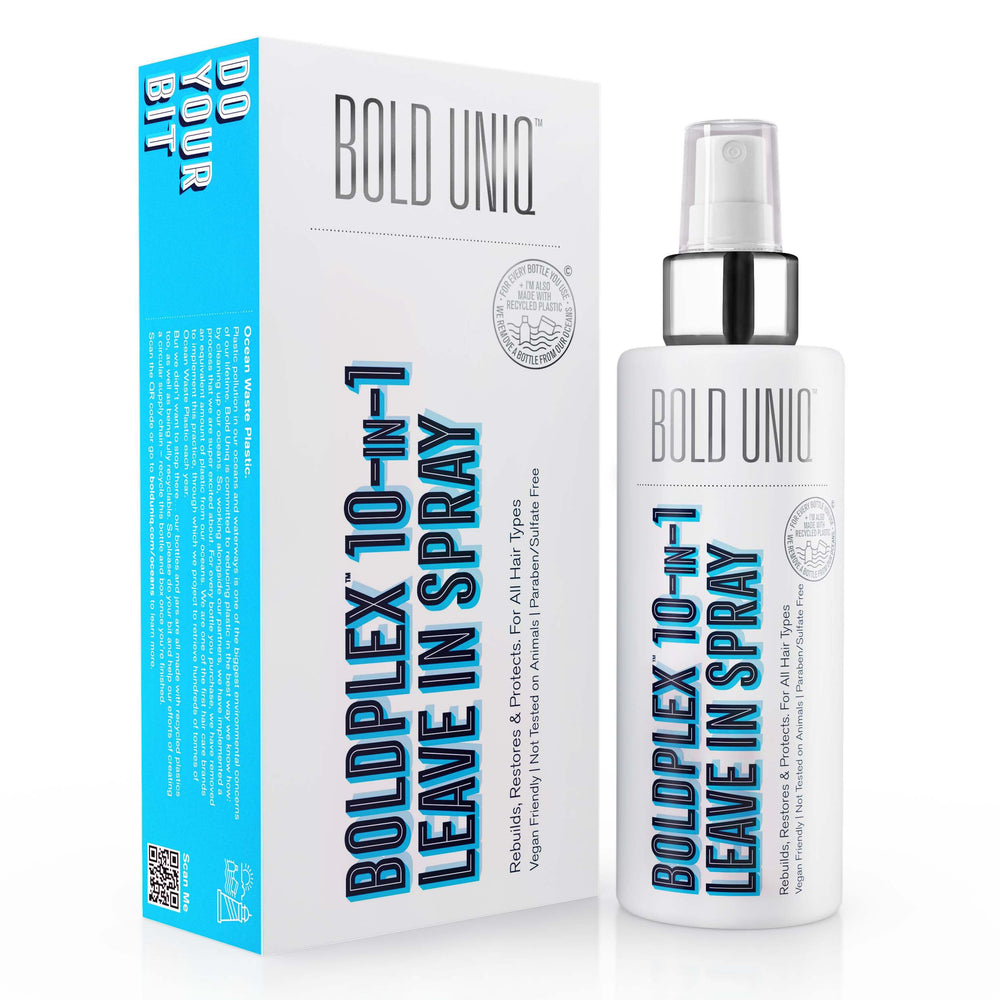 BOLD UNIQ Boldplex heat protectant spray bottle protects hair with lightweight shield.