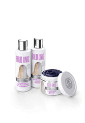 Bold UNIQ purple shampoo trio gift box displayed for blonde color refresh.