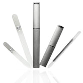 Bona Fide Beauty glass nail files kit in silver case showing precise shaping for natural nails