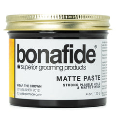 Bonafide Pomade Matte Paste tube closeup highlights pliable hold.