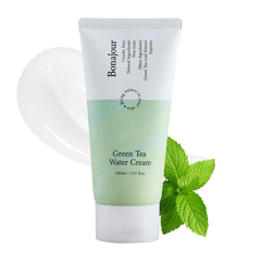BONAJOUR Green Tea Water Bomb bottle front for vegan hydration on sensitive skin.