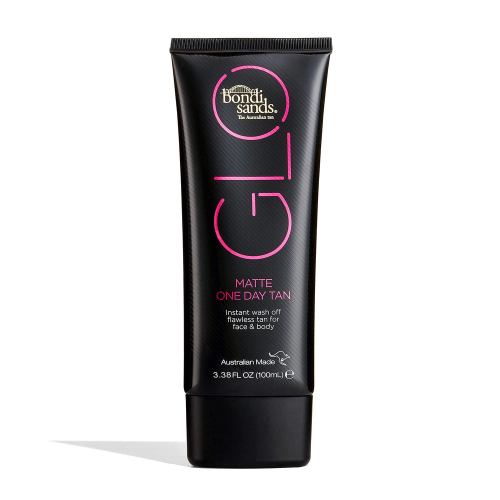 Bondi Sands GLO Matte One Day Tan bottle with pump showing smooth bronze application.