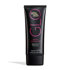 Bondi Sands GLO Matte One Day Tan bottle with pump showing smooth bronze application.