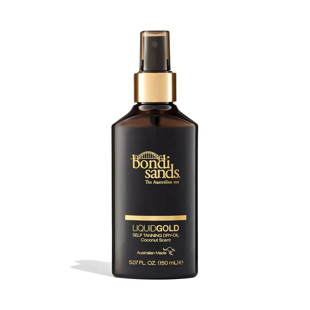 Bondi Sands Liquid Gold bottle closeup with spray nozzle for mess-free tanning.