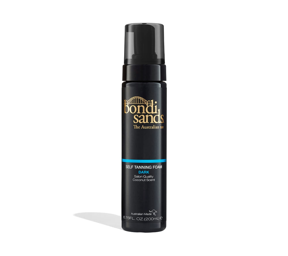 Bondi Sands Self Tanning Foam bottle closeup shows premium, quick-drying formula.