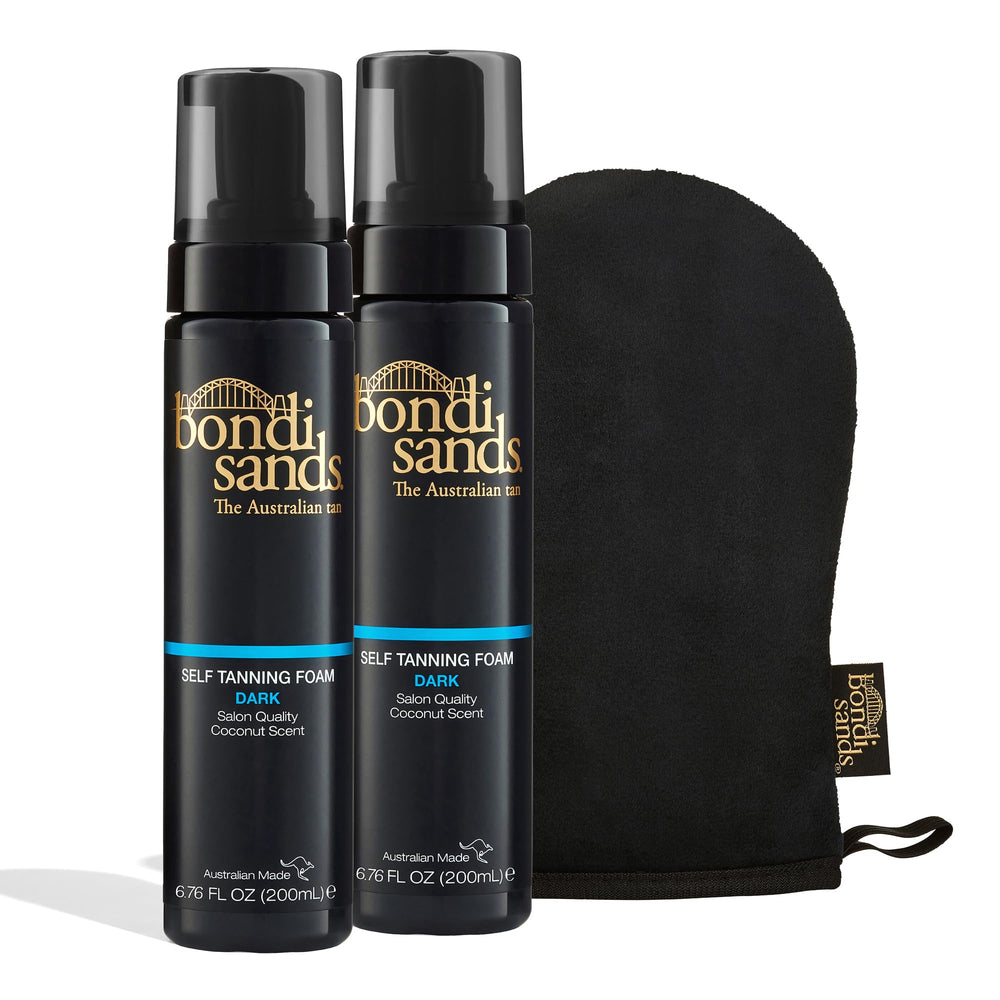 Bondi Sands Self Tanning Foam Duo Dark bottle closeup for quick streak-free bronze.