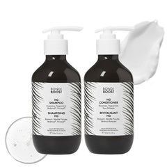 BondiBoost HG anti-thinning shampoo bottle close-up highlighting vegan formula for daily use.