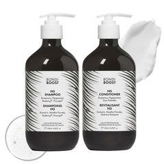 BondiBoost HG shampoo bottle showing fuller-looking hair benefits.