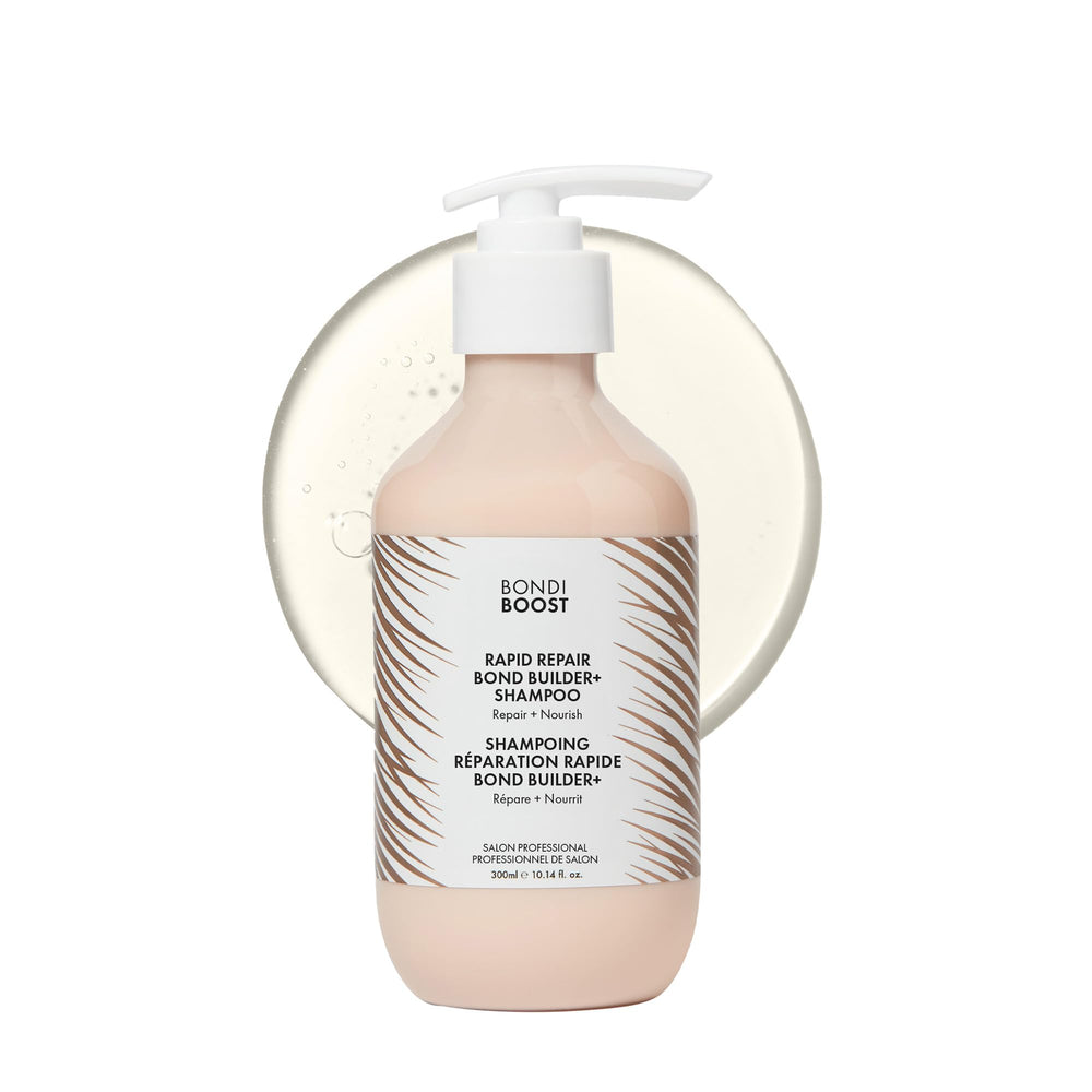 BondiBoost Rapid Repair Bond Builder bottle shows rejuvenated hair with strengthened bonds for resilient strands.