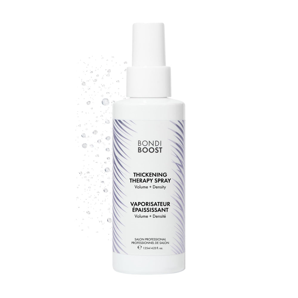 BONDIBOOST Thickening Spray bottle demonstrates root lift for fuller hair.