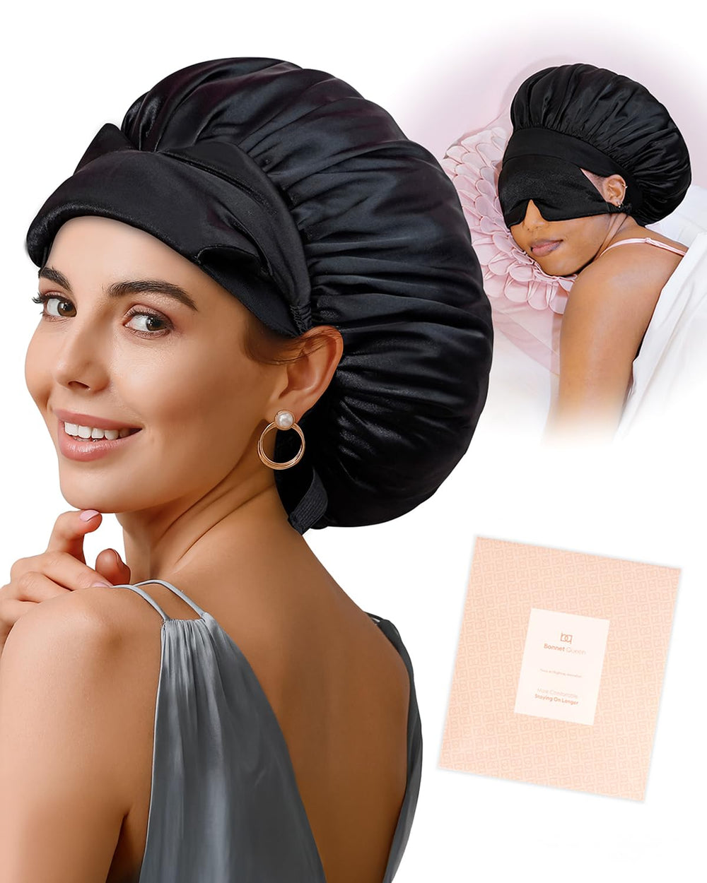 BONNET QUEEN Silk Bonnet with Eye Mask assembly shows integrated sleep comfort and hair protection