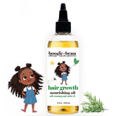 Boogie and Bean Kids Hair Growth Oil bottle shows rosemary infusion for gentle scalp nourishment.