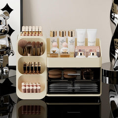 Booklov organizer with multiple drawers keeps cosmetics organized and ready to grab.