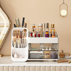 Booklov makeup organizer side angle highlights slim profile for compact vanity spaces.