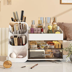 Booklov makeup organizer top view shows organized surface for brushes and palettes.