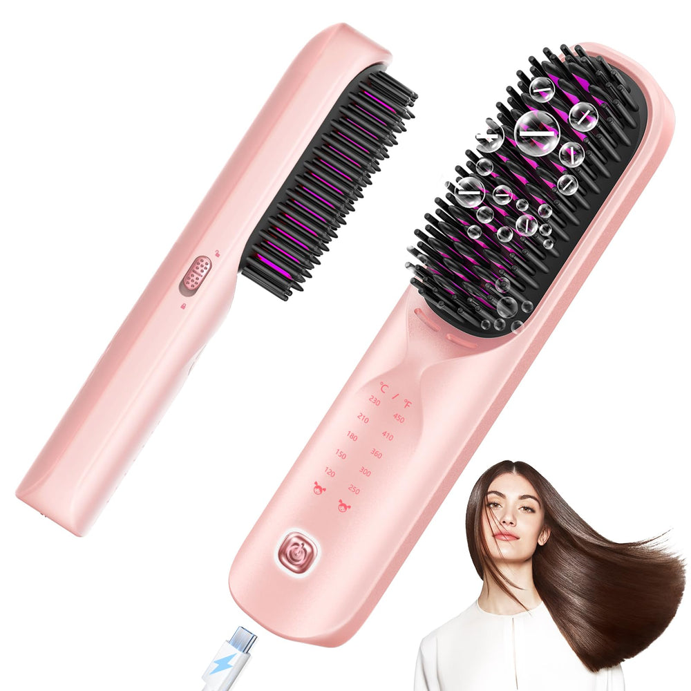 Bopcal cordless hair straightener brush powder pink front view for on-the-go frizz control