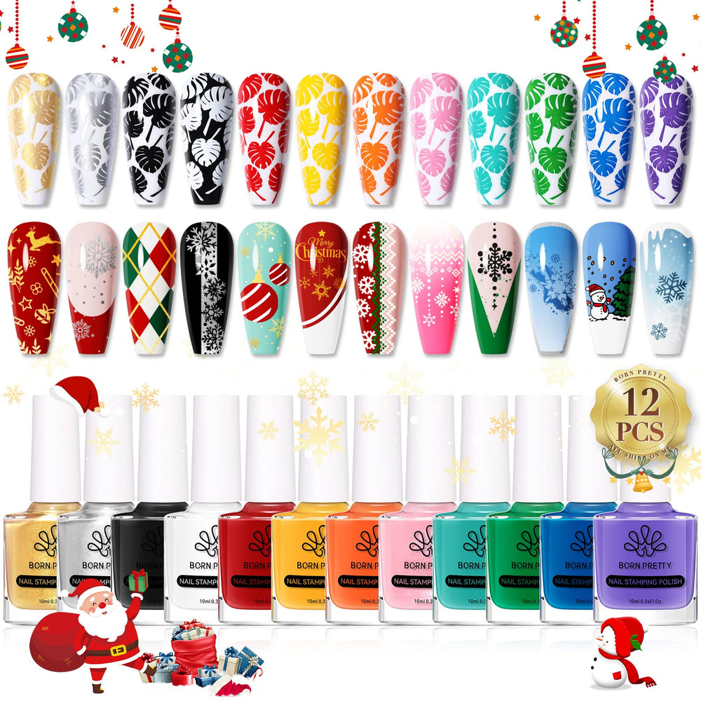 Born Pretty nail stamping polish 12 color collection displays vibrant pigments for crisp designs.