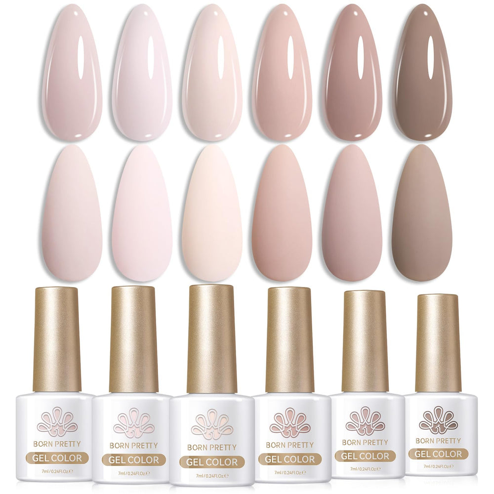 Born Pretty pink nude gel nail polish kit showcases a versatile six-color nude palette for everyday wear