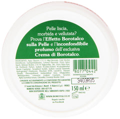 Borotalco scented smoothing cream close-up texture demonstrates quick absorption.