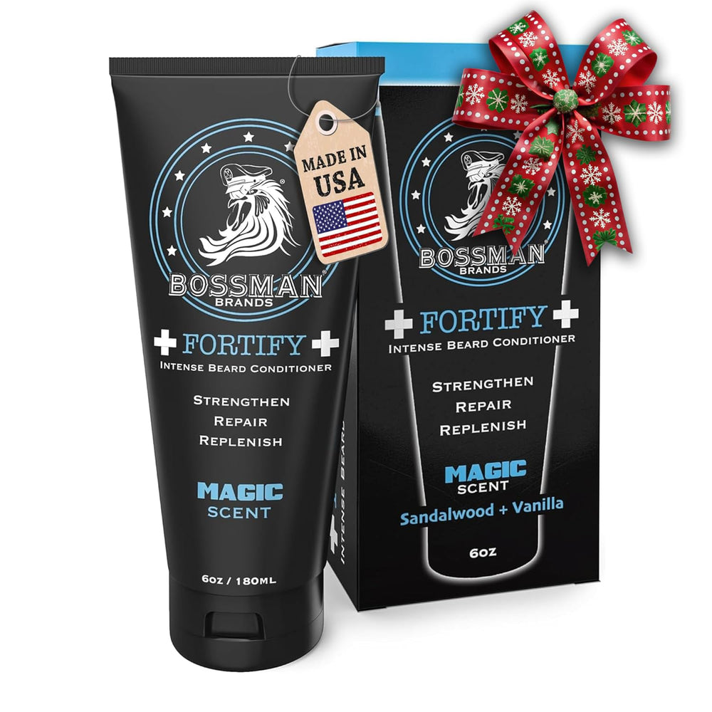 Bossman Fortify Intense Beard Conditioner bottle closeup, showcasing thicker formula for a fuller beard.