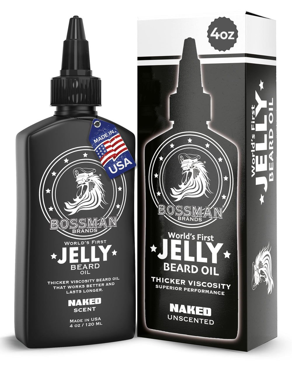 Bossman Jelly Beard Oil bottle front showing unscented formula for fragrance-free beard care.