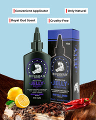 Avocado oil and soybean oil ingredients highlight natural beard-health care from Bossman Jelly Oil.