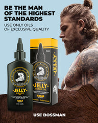 Bossman Jelly Beard Oil USA-made badge on packaging signals quality beard conditioning.