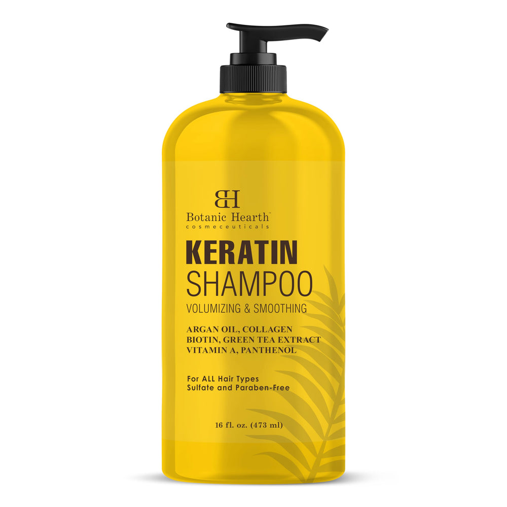 Botanic Hearth Keratin Shampoo bottle pouring for smooth frizz-controlled hair