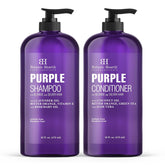 Botanic Hearth purple shampoo set front bottle demonstrates vibrant color enhancement for cooler blonde tones.