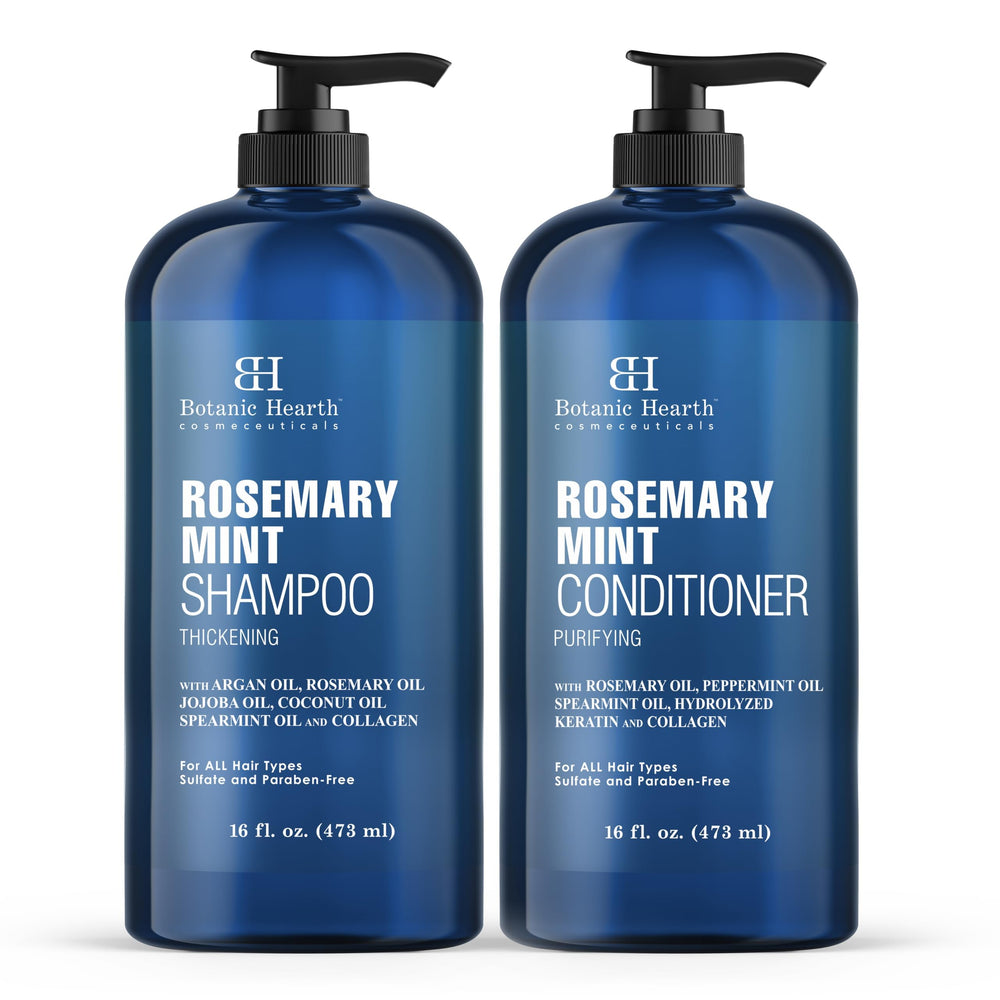 Botanic Hearth Rosemary Mint Shampoo bottle with fresh scent promotes hair thickening.