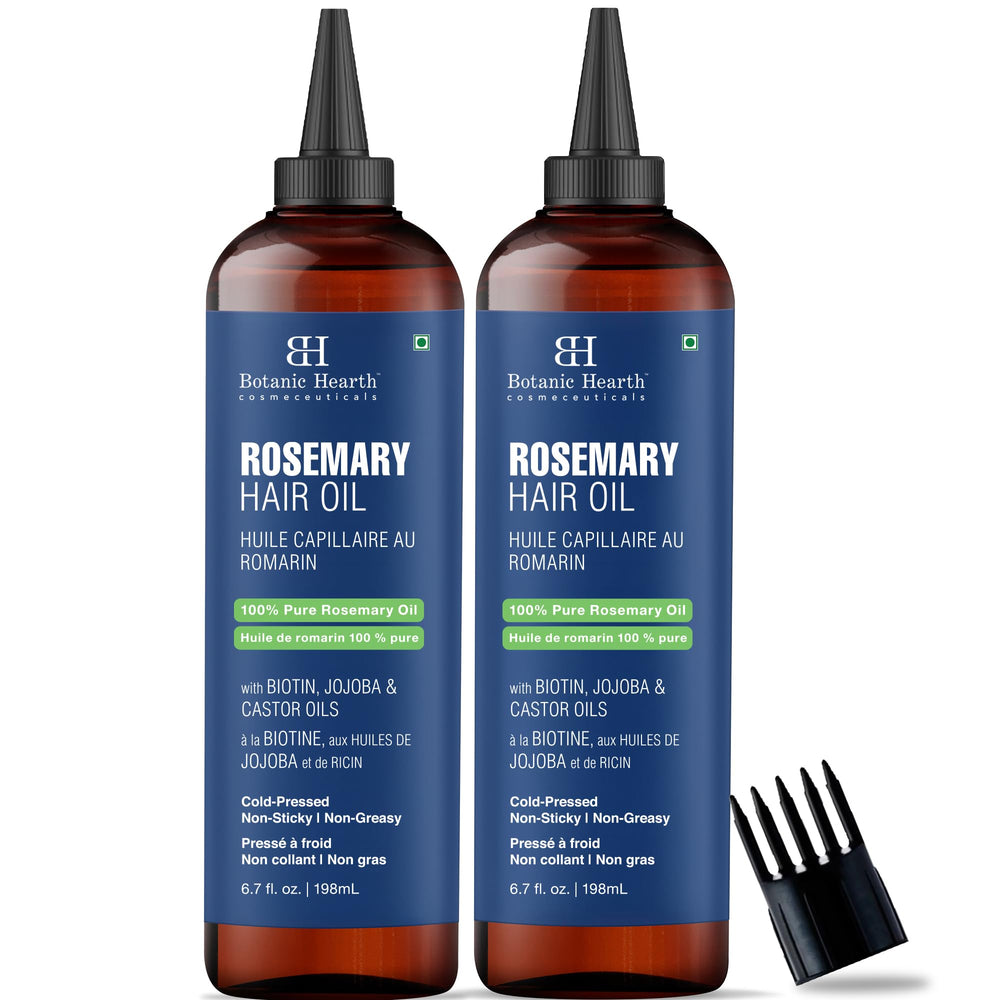 Botanic Hearth rosemary oil amber bottle highlights potency for scalp nourishment.