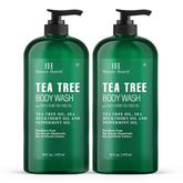 Botanic Hearth Tea Tree Body Wash bottle front shows refreshing, sulfate-free cleanser for daily use.