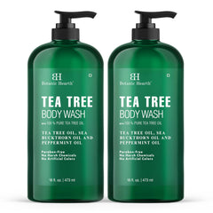 Botanic Hearth Tea Tree Body Wash bottle front shows refreshing, sulfate-free cleanser for daily use.
